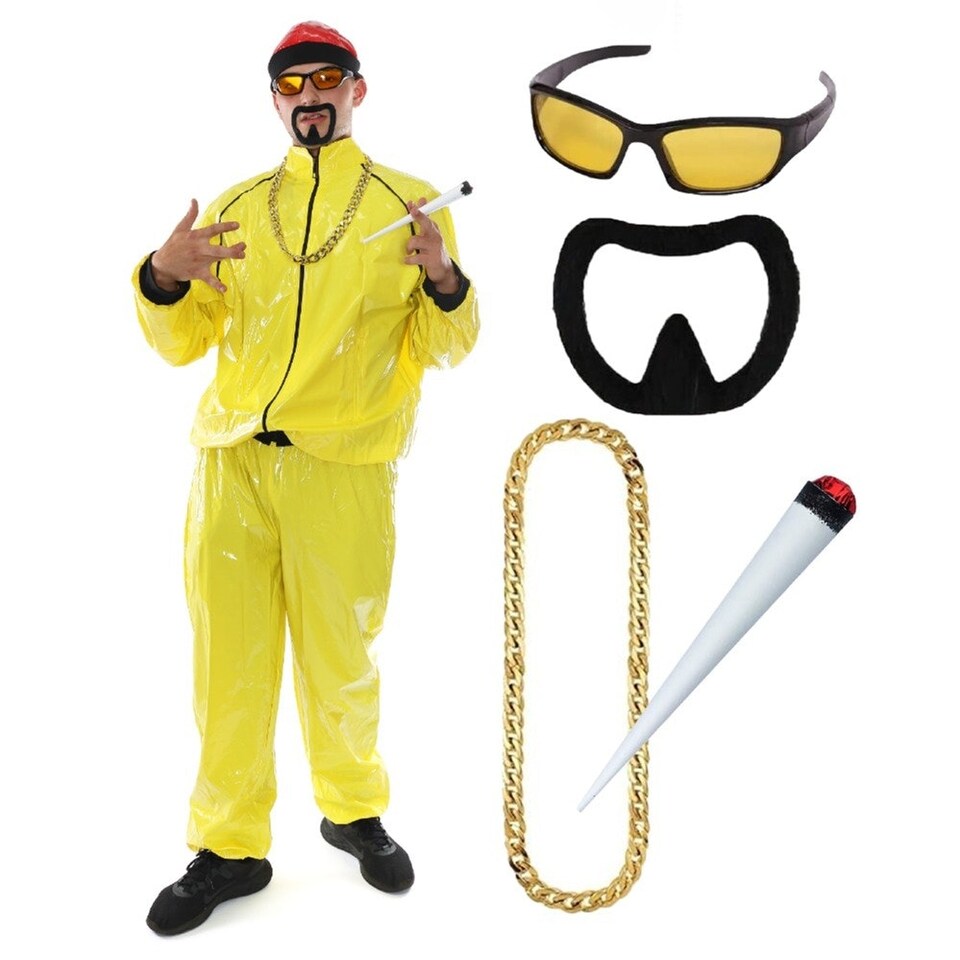 image 1 of 90's Rapper Costume - Red Hat, Glasses, Goatee, Chain & Spliff Yellow | 2XL