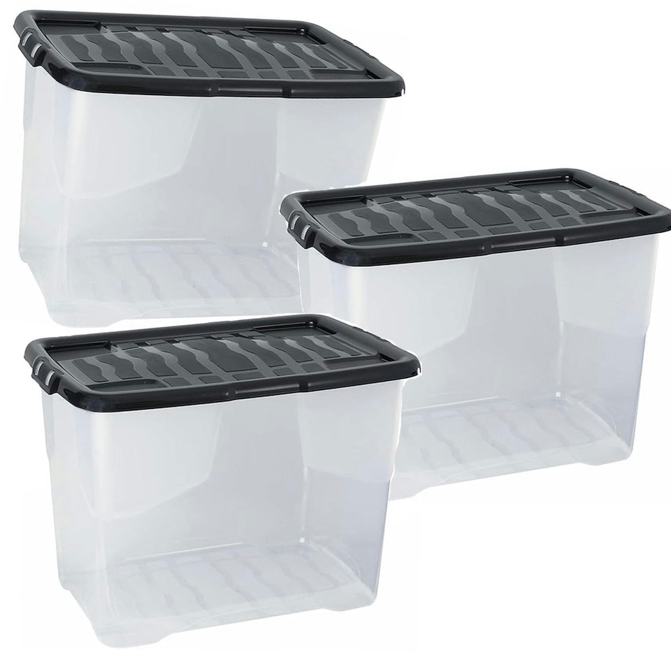 image 1 of 2 x 80 Litres Clear Transparent Base Curve Storage Containers With Black Lids For Home & Office Clear