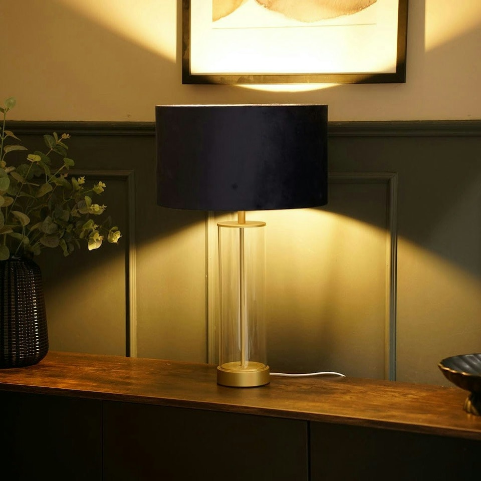 image 1 of ValueLights Clear Tube and Gold Metal Bedside Table Lamp with a Navy Blue Velvet Shade - LED Bulb Included
