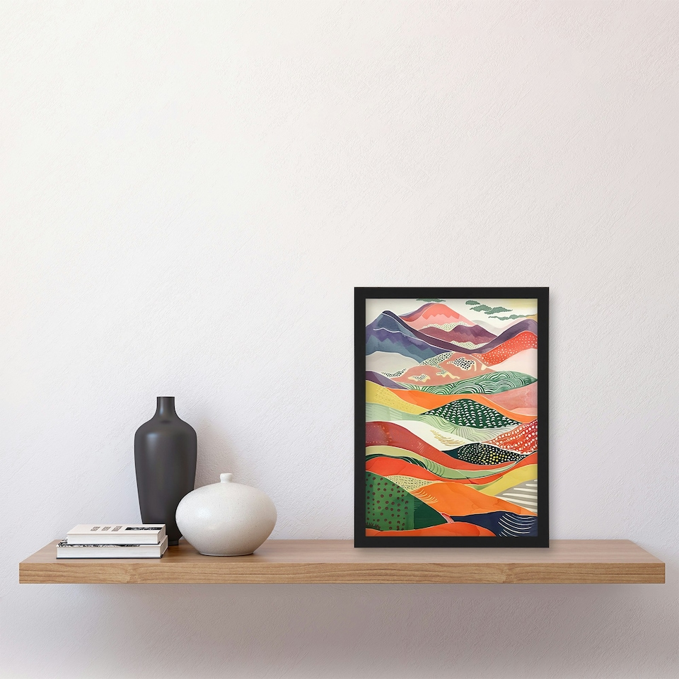 image 1 of Colourful Countryside Hills Folk Art Home Decor Black Framed Wall Art Print A4