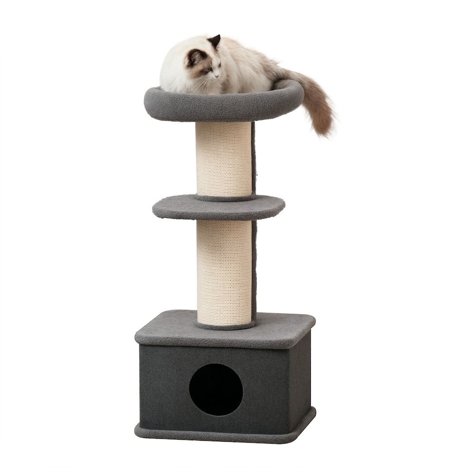 image 1 of PawHut 96cm Multi-level Cat Tree with Scratch Post Removable Cover, Grey