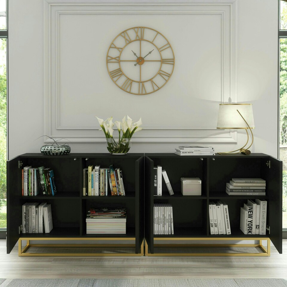image 1 of Black Sideboard 200cm Fluted Doors Gold Frame Modern Storage Unit