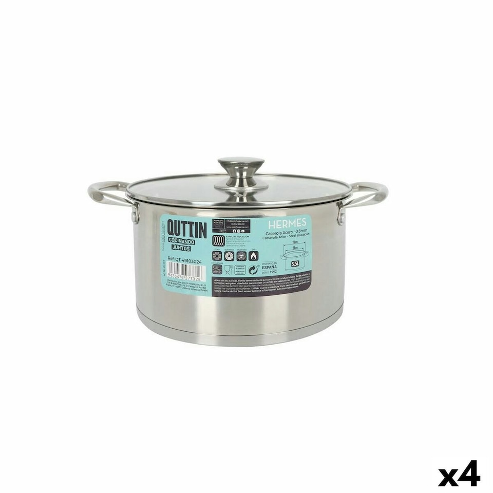 image 1 of Pot with Glass Lid Quttin Hermes Steel 5,5 L (4 Units) N/A