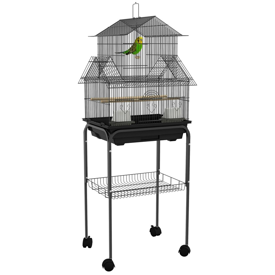 image 1 of PawHut Metal Bird Cage w/ Perch, Food Container, Handle, for Finch, Canary