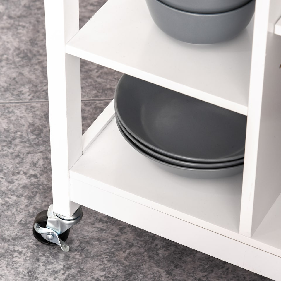 image 1 of HOMCOM Kitchen Trolley, Kitchen Island on Wheels, w Wood Top, 3 Shelves and Storage Cupboard, White