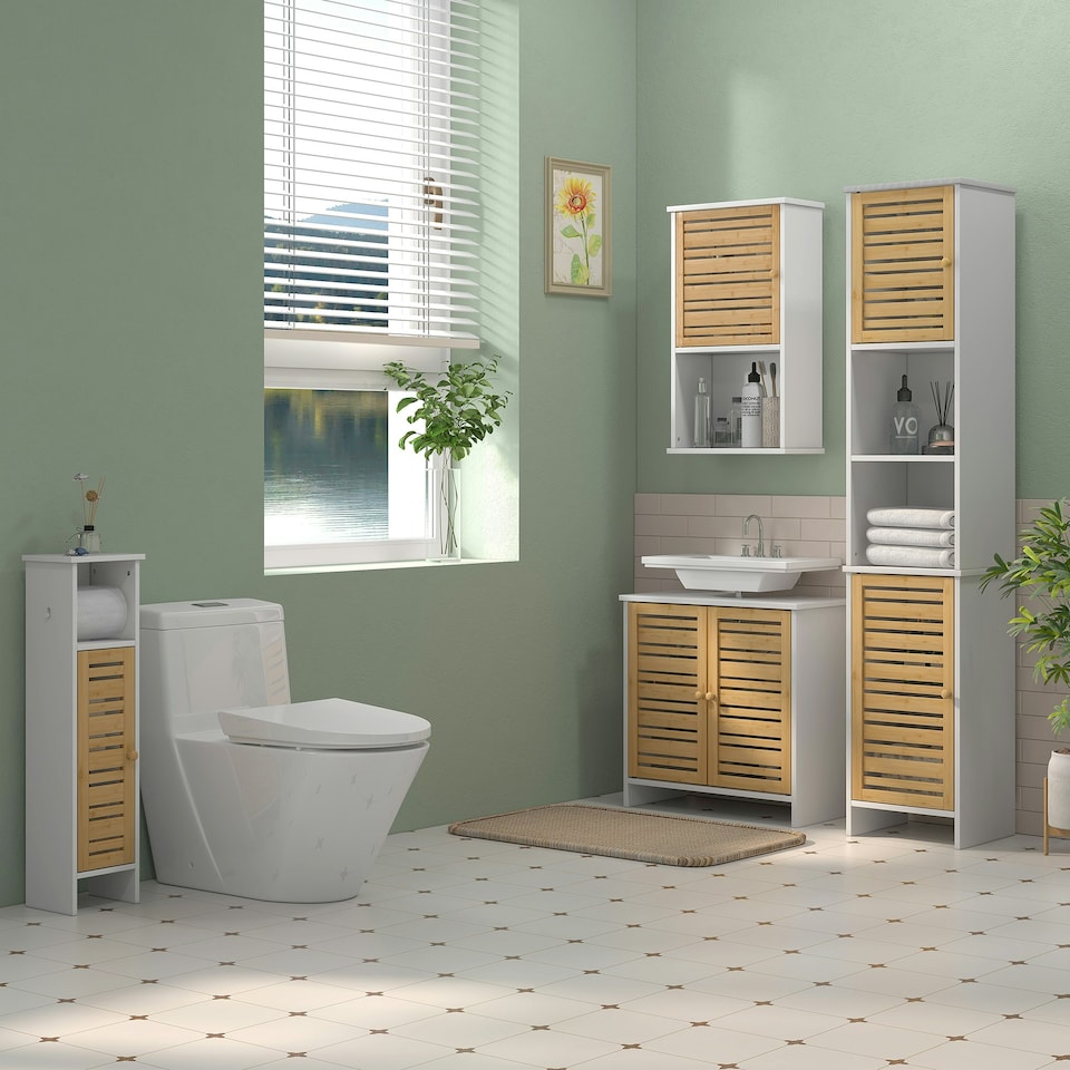 image 1 of HOMCOM Bathroom Cabinet, Slim Bathroom Unit with Adjustable Shelf, White White | Natural bamboo