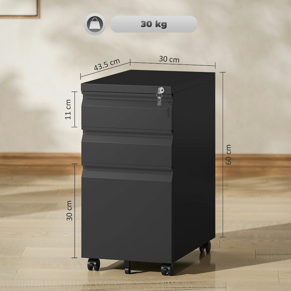 image 1 of Vinsetto Steel File Cabinet with Lock and Wheels for Home Office, Black Black | Black