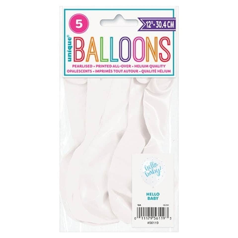 image 1 of Hello Baby Baby Shower Blue Print Pearlised Biodegradable Latex Helium Balloons 30cm / 12 in - Pack of 5