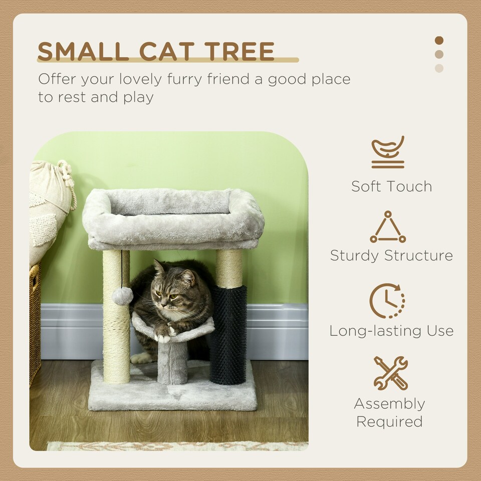 image 1 of PawHut Small Cat Tree with Scratching Post Bed Toy for Indoor Cats, Grey