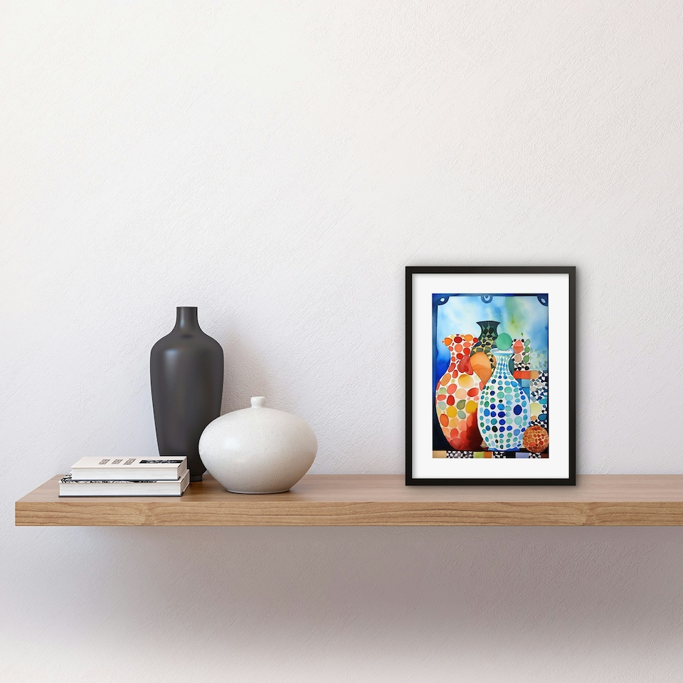 image 1 of Polka Dot Glazed Porcelain Ceramic Vases Folk Art 9x7" Black Framed Wall Art Print