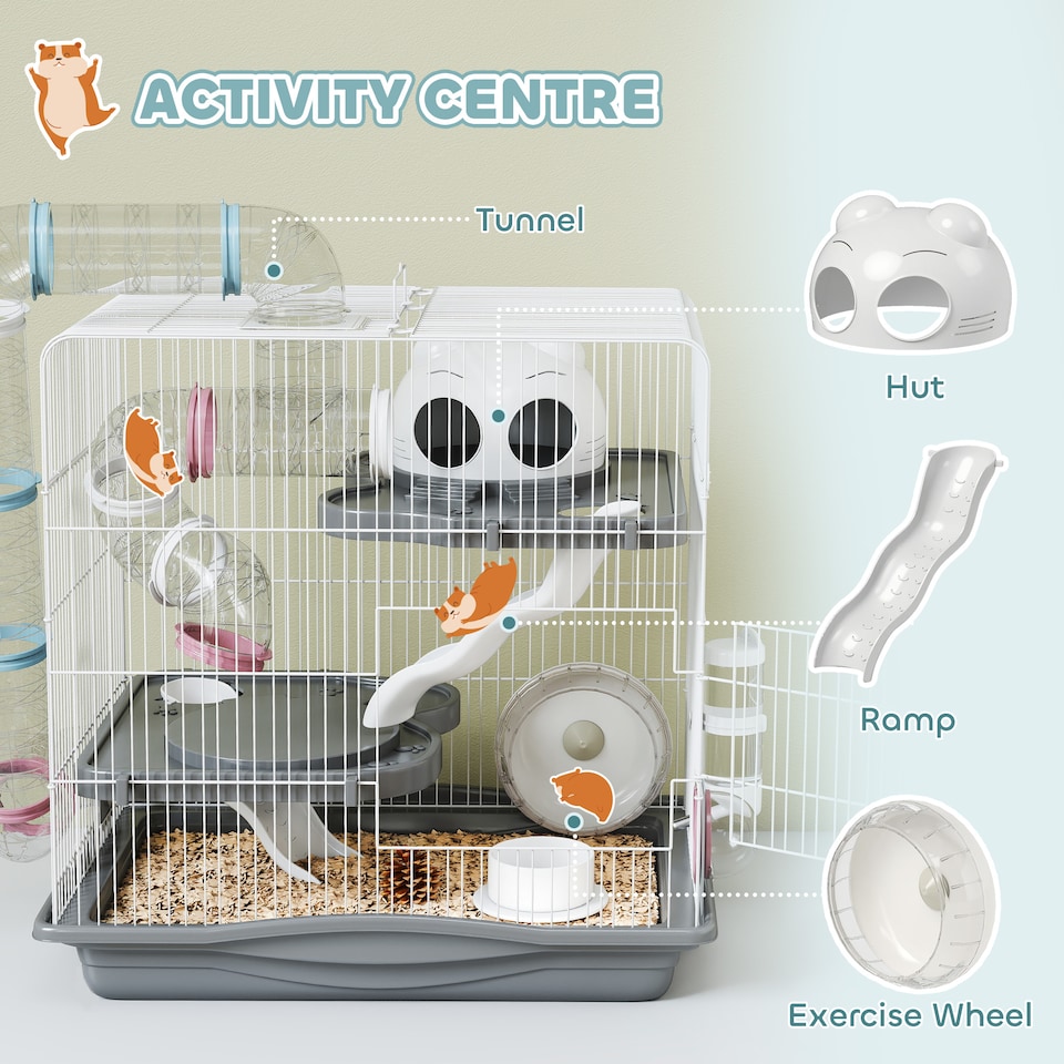 image 1 of PawHut 3-Tier Hamster Cage, Gerbil Cage for Dwarf Hamsters, 45 x 30 x 45 cm | Grey