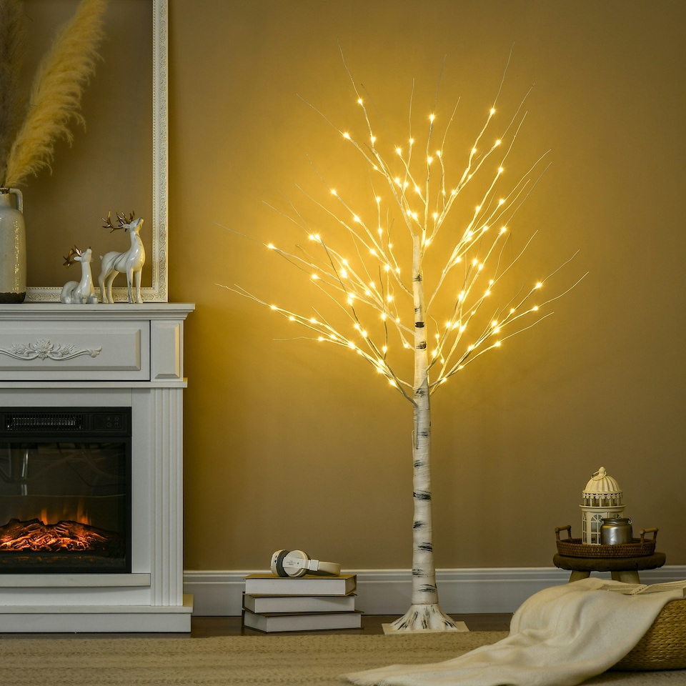 image 1 of HOMCOM 5ft Artificial White Birch Tree Light w/ 96 Warm White Pre-Lit LED Light