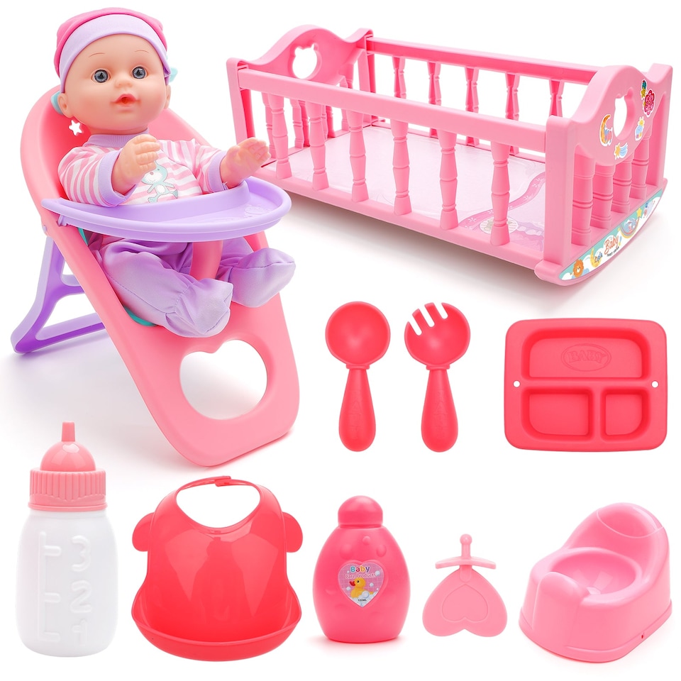 image 1 of 13 Inch Baby Doll Play Set My First Baby Doll with Swinging Crib High Chair and Feeding Accessories Pretend Play Girls Toys