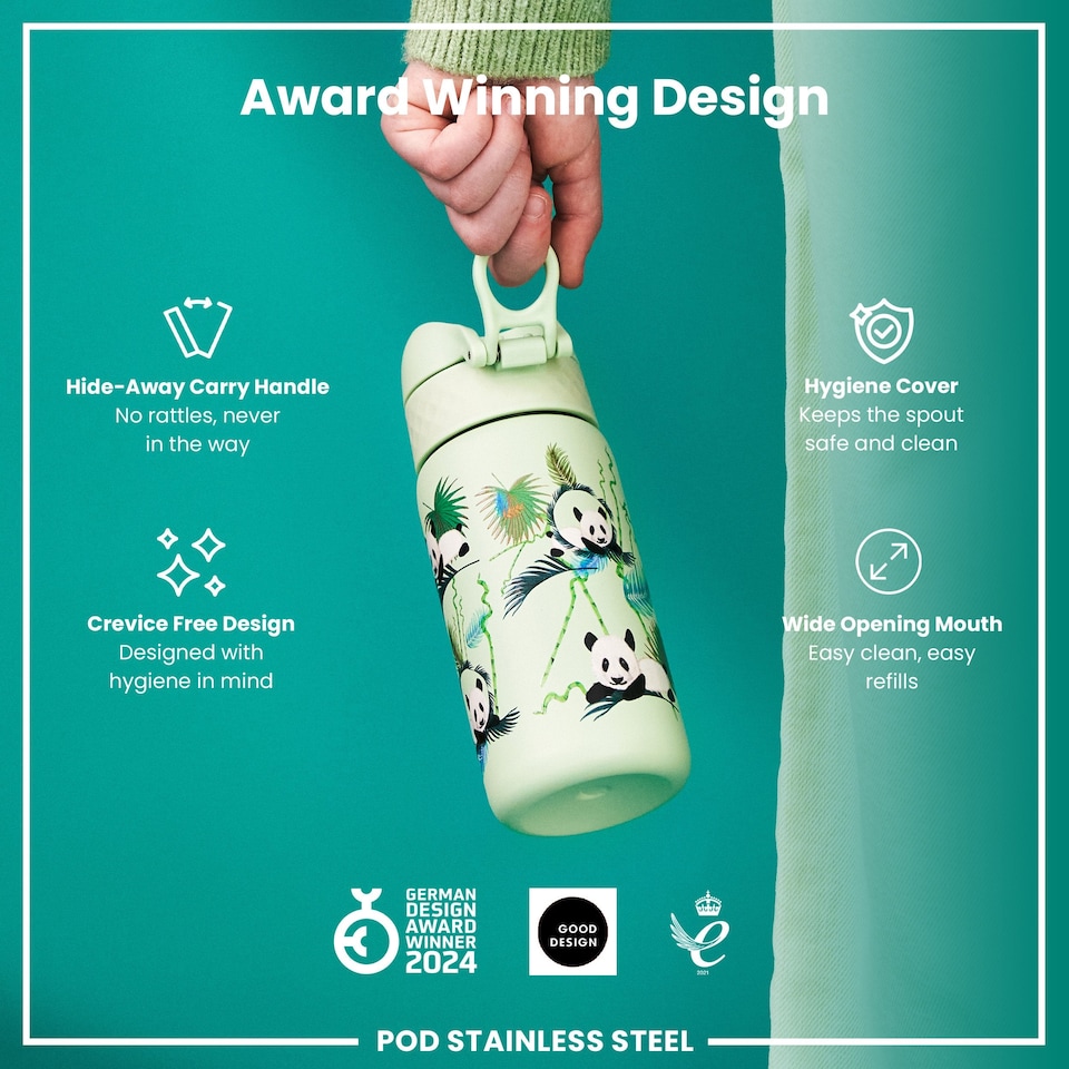 image 1 of Leak Proof Kids Water Bottle, Stainless Steel, 400ml (13oz) | Green | Panda | One Size