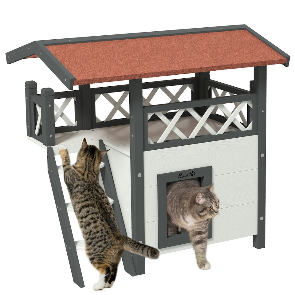 image 1 of PawHut Outdoor Cat House w/ Balcony Stairs Roof, White