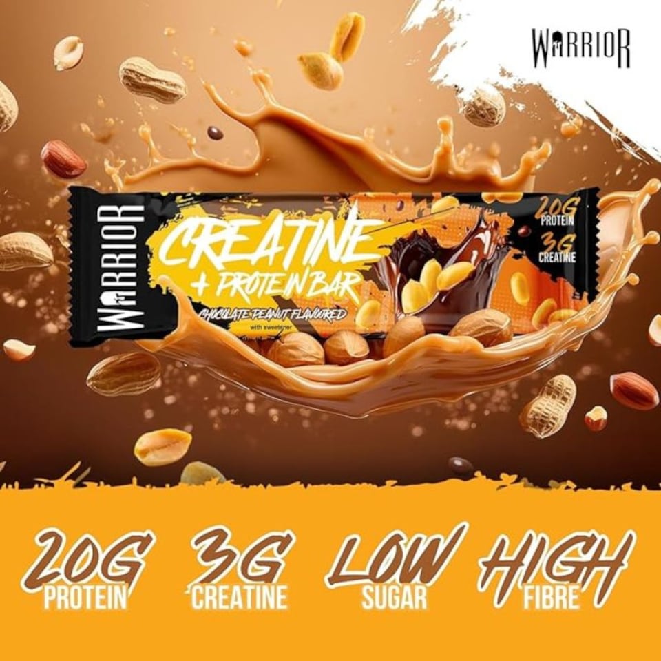 image 1 of Warrior Creatine  Protein Bars 12 x 75g – 20g High Protein Bar, 5g Creatine, Low Sugar High Fibre Oat  Bars, Meal Replacement Bars (Chocolate Peanut)