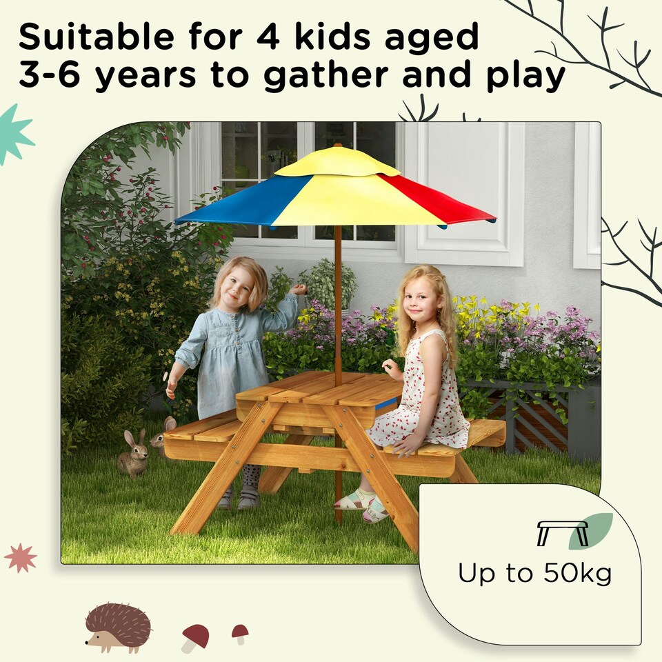 image 1 of Outsunny Kids Picnic Table Set w/ Sand and Water, Removable Parasol - Brown