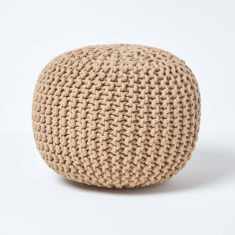 image 1 of Homescapes Linen Round Cotton Knitted Pouffe Footstool - 35 x 40 cm