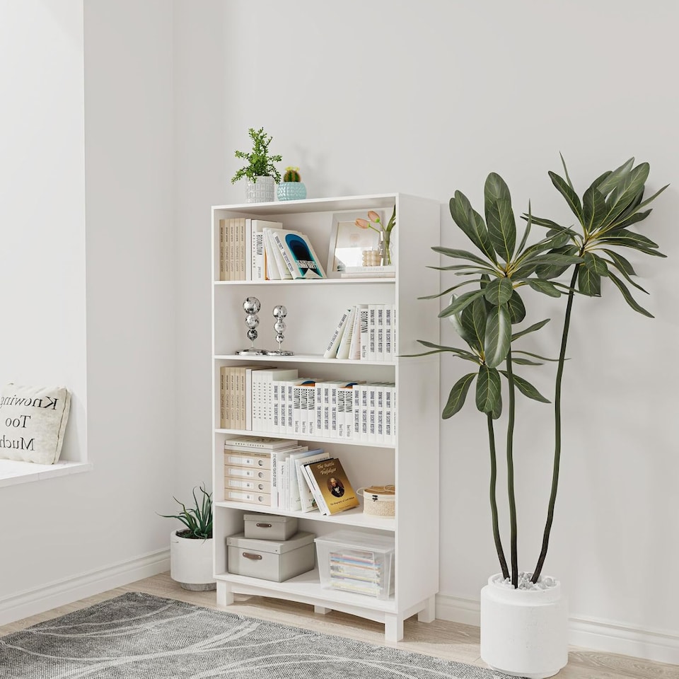 image 1 of Wide Shelf Tier Wooden Bookcase Shelving Modern Open Display Storage Cabinet | White | White 5 Tier Wide | 1