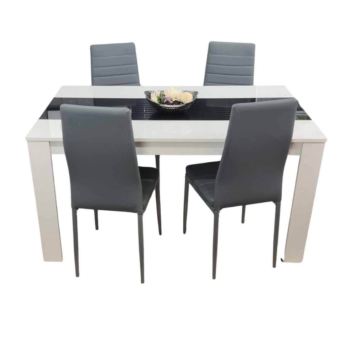 Dining Table and 4 Chairs White Black Wood 4 Faux Leather Grey Chairs Dining Room