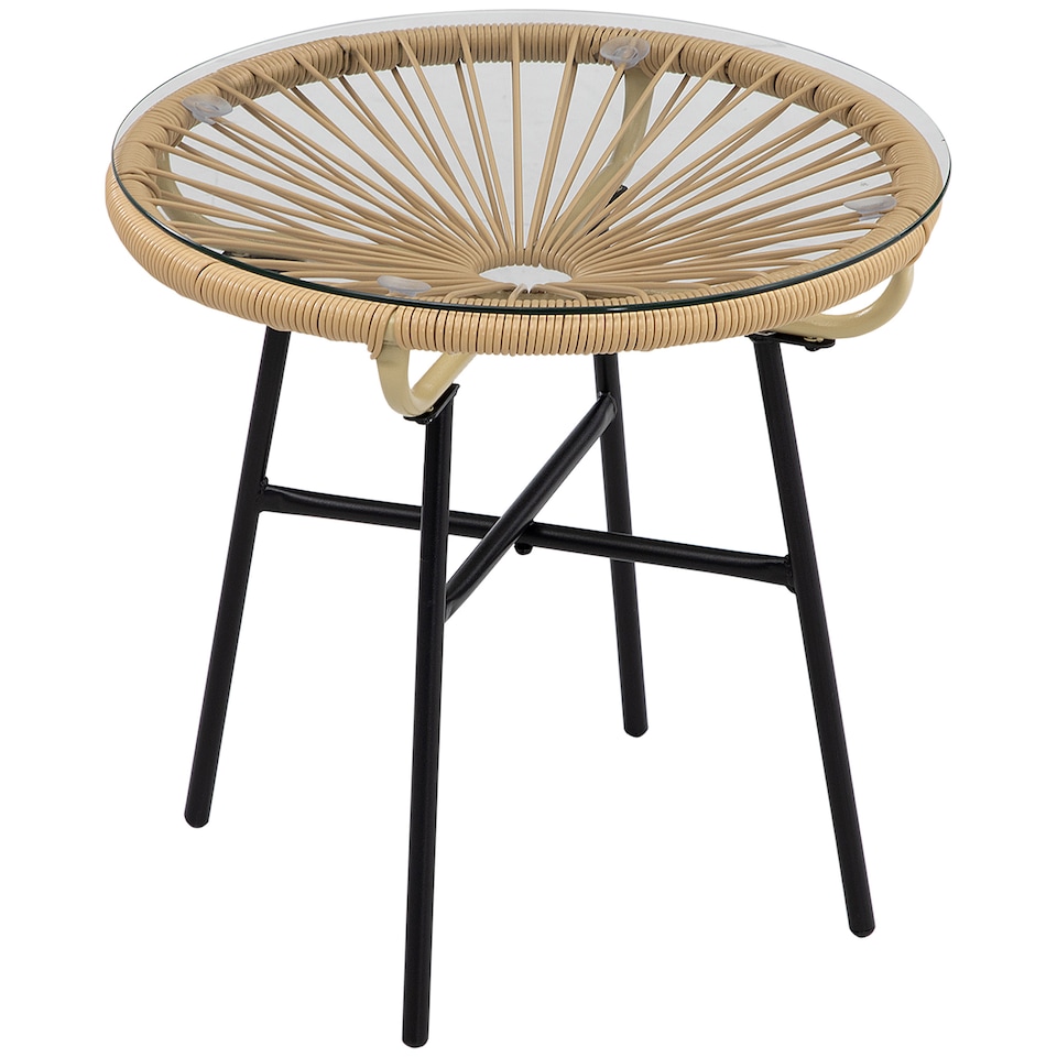 image 1 of Outsunny Rattan Side Table w/ Tempered Glass Tabletop, Beige