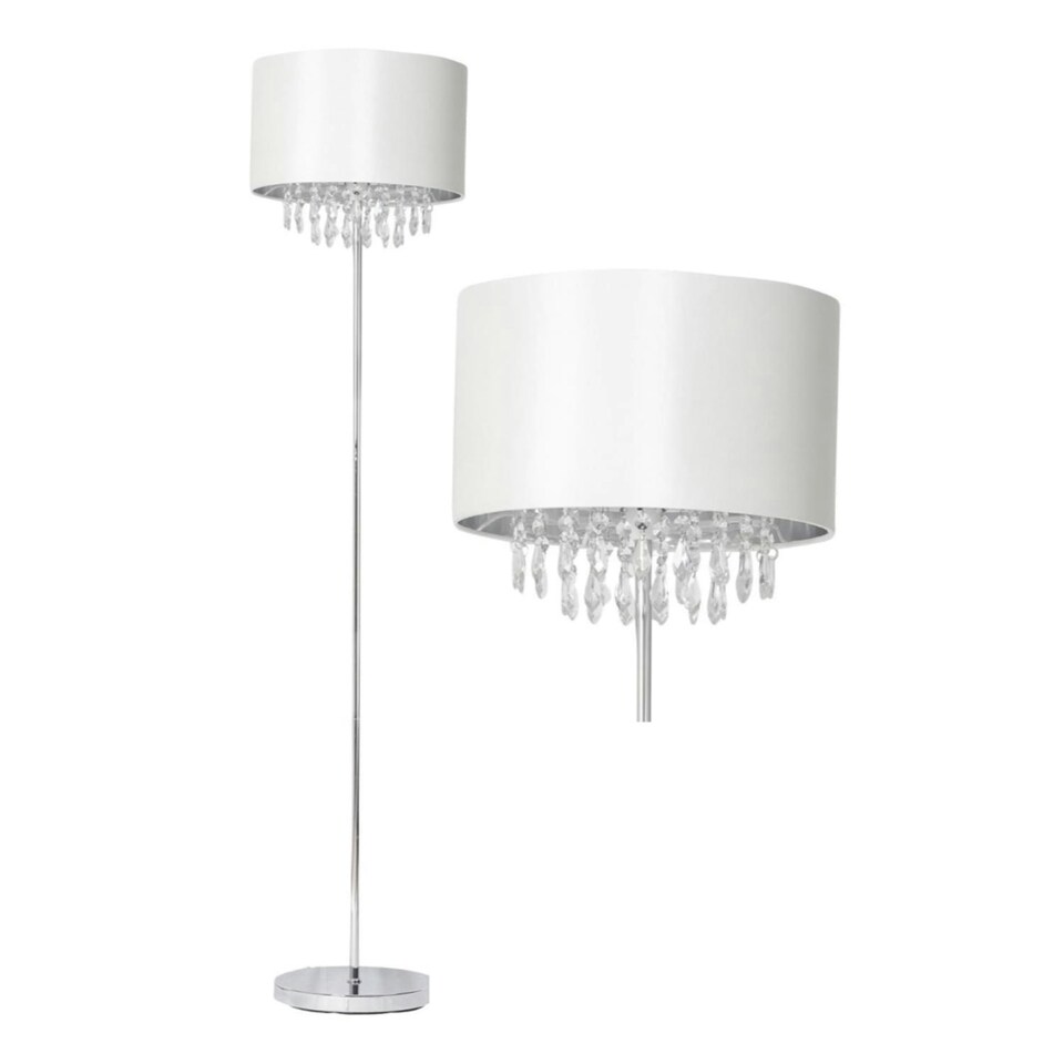 image 1 of First Choice Lighting Pair of Cream Faux Silk Jewelled Floor Lamps Chrome | White