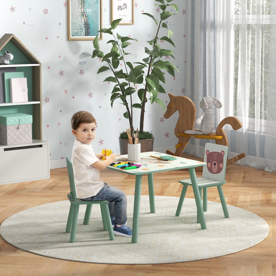 image 1 of ZONEKIZ Kids Table and Chairs, Children Desk with Two Chairs, Three Piece | Green