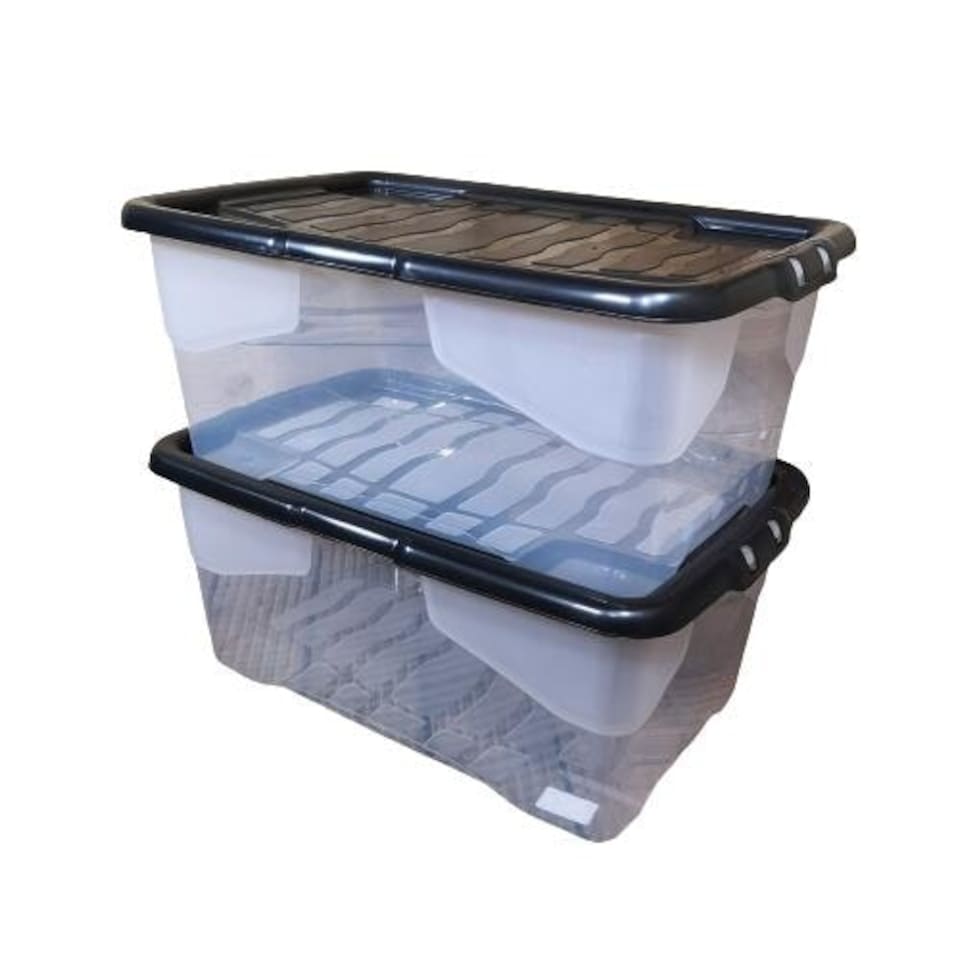 image 1 of 2 x 42L Clear Storage Box with Black Lid, Stackable and Nestable Design Storage Solution