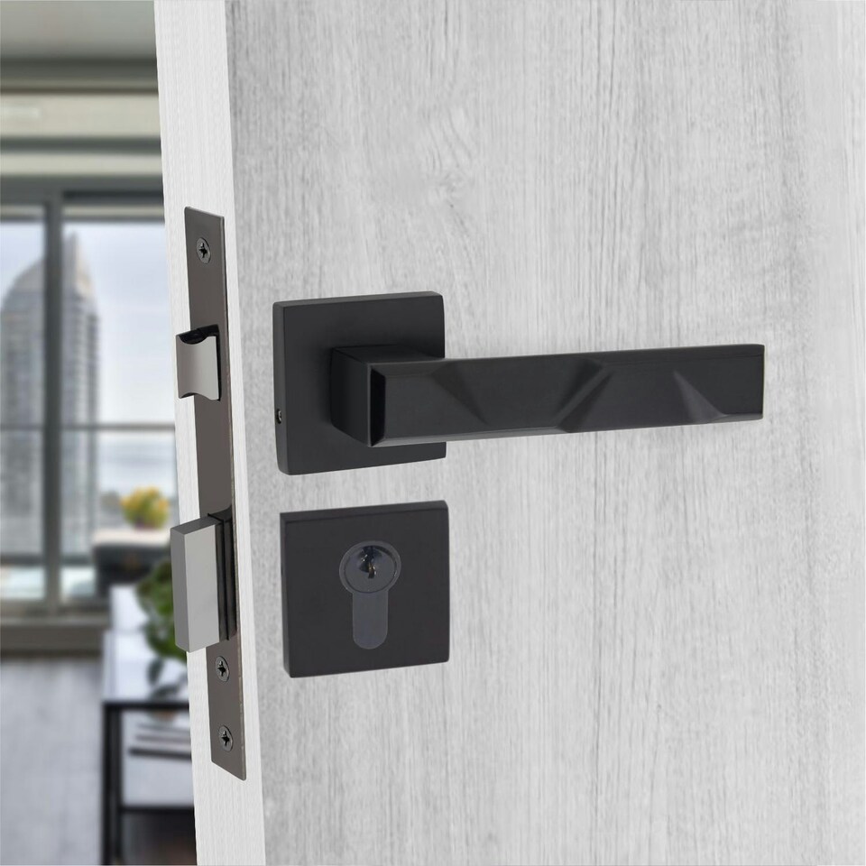 image 1 of Golden Grace Modern Nova Euro Lock Door Handles in Matt Black Finish with 70mm Key and Thumbturn Barrell Black