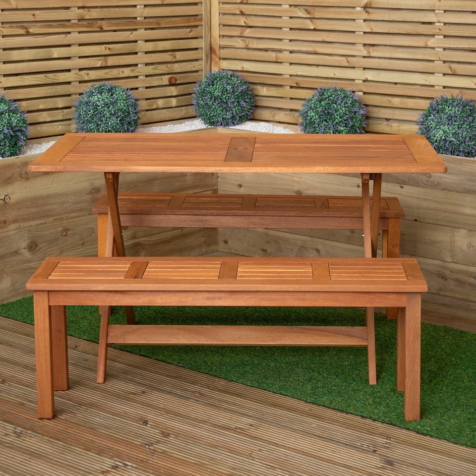 image 1 of Outdoor 4 Person Rectangular Wooden Garden Dining Table with 2 Benches
