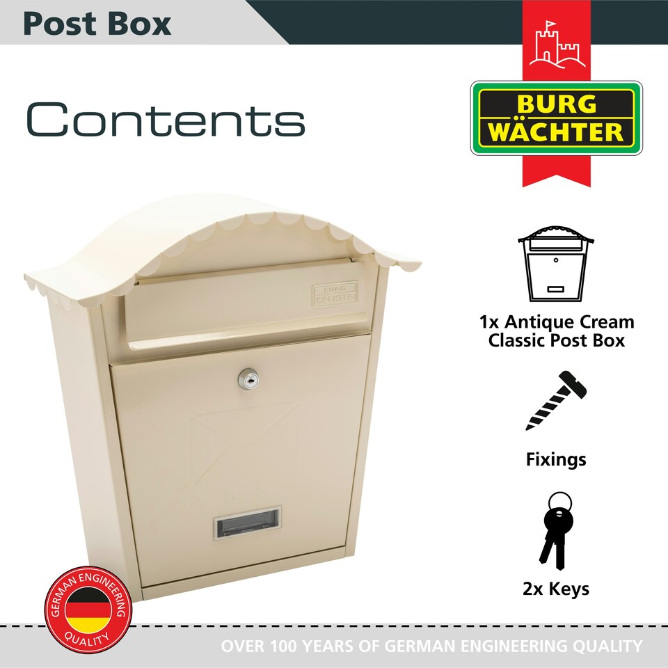 image 1 of Burg-Wachter Classic Wall Mounted Galvanised Steel Lockable Weatherproof Post Box - 36x37x13cm Cream | Antique Cream