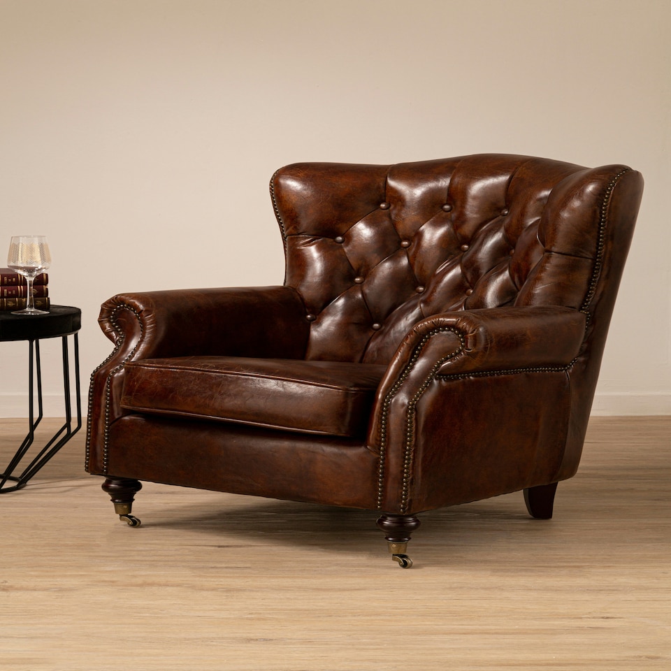 image 1 of Brown Leather Scroll Armchair, Lounge Chair With Quilted Backrest,Walnut Wooden Chair With Stud Details Brown