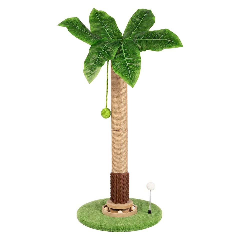 image 1 of Skylos Cat Scratching Post Palm Tree Cat Scratcher With Brush Toy Indoor Green