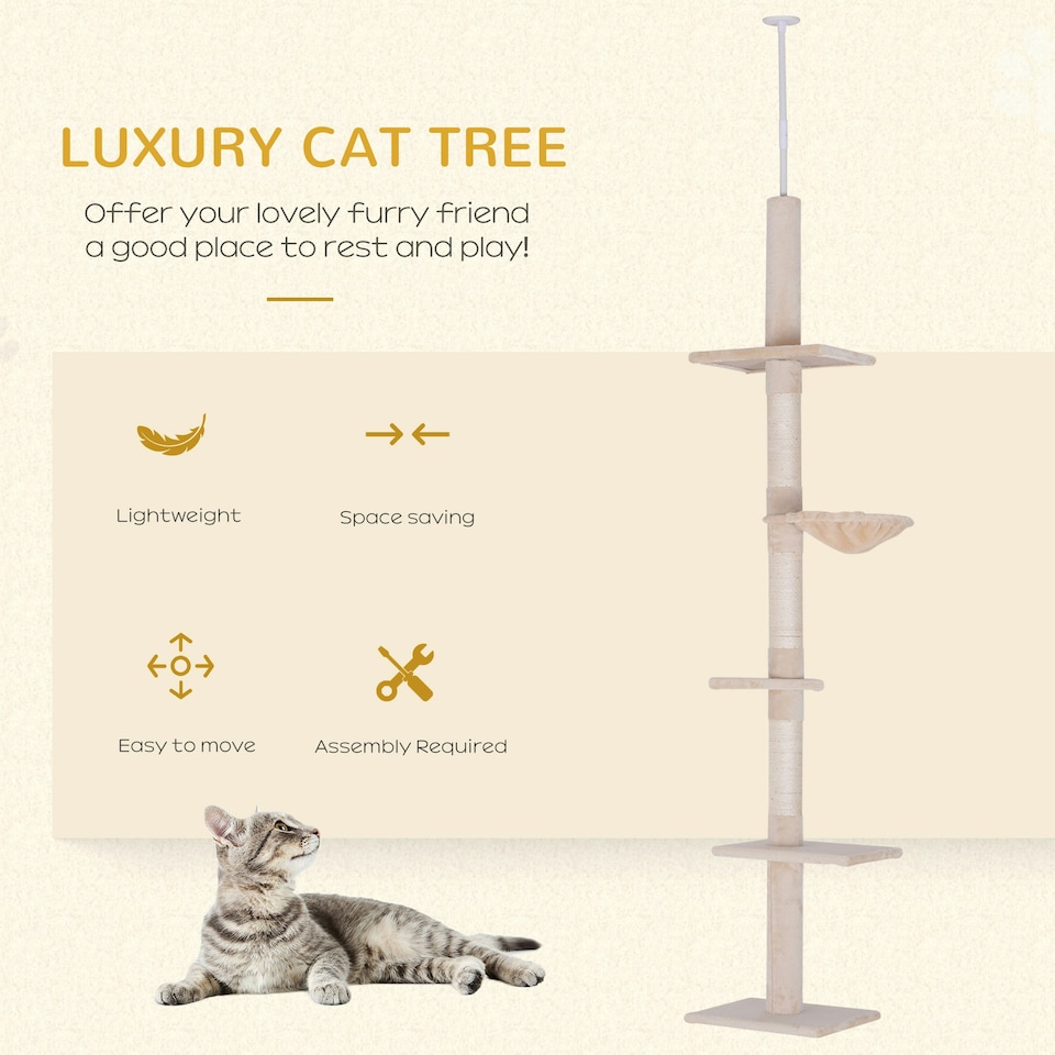 image 1 of PawHut Floor to Ceiling Cat Tree 5-Tier Climbing Tower Scratching Post Beige