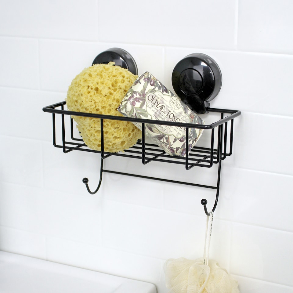 image 1 of Showerdrape Suctionloc Black Suction Wall Mounted Rectangular Basket with Mounting Discs | Black | 1