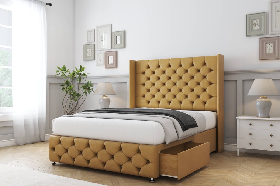 image 1 of Sloomy Luthor Mustard Plush Divan Bed With Mattress 2 Drawers Footend With 54" Wingback Headboard & 12" Matching Footboard 5' King | Gold | Mustard | King | 1