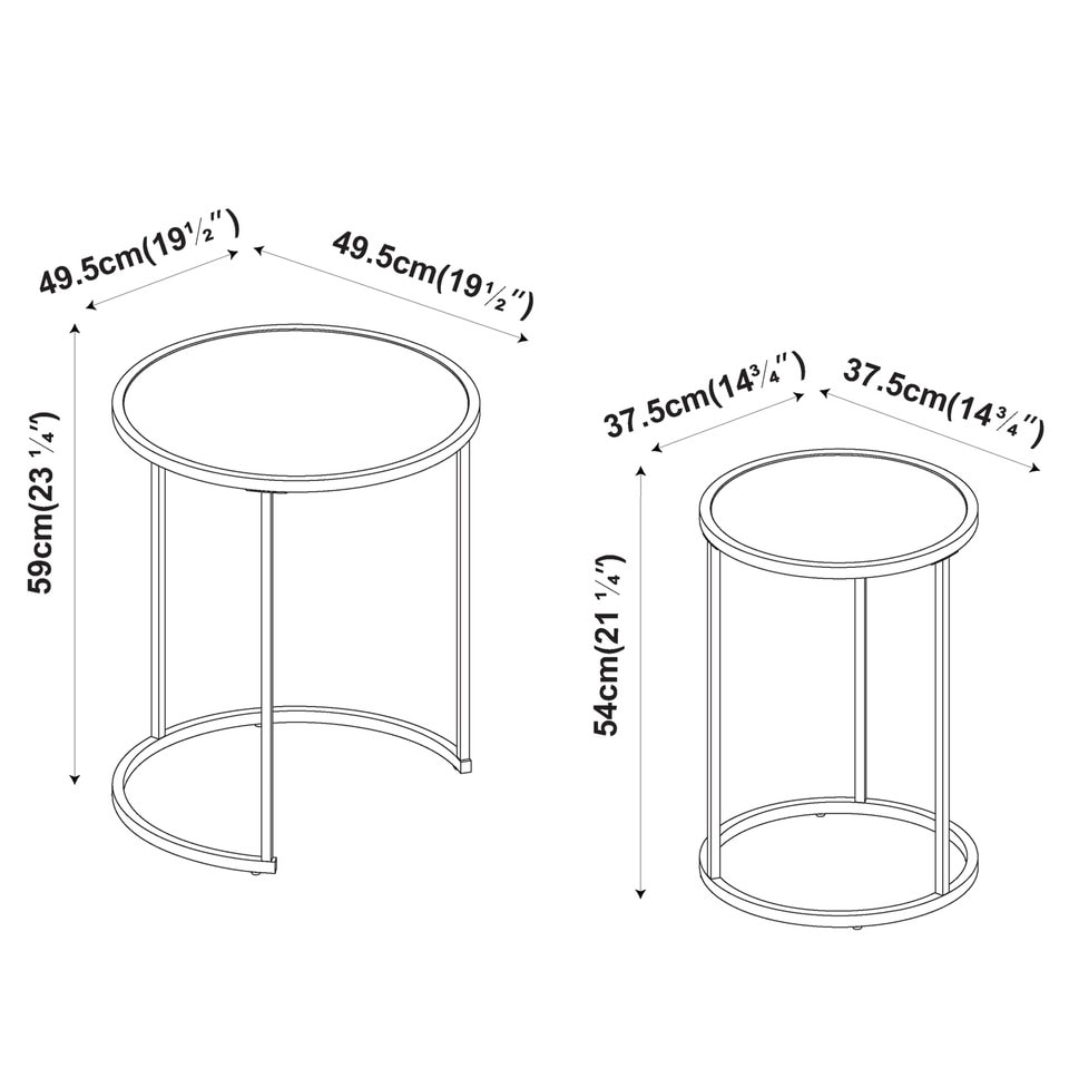 image 1 of 2 Piece Round Nesting Side Tables Set Tempered Glass Top Metal Leg Coffee Tables | Multi | Gold Legs Black Glass
