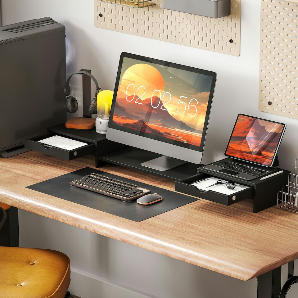 image 1 of HOMCOM Dual Monitor Stand Riser with Adjustable Length and Angle, Black