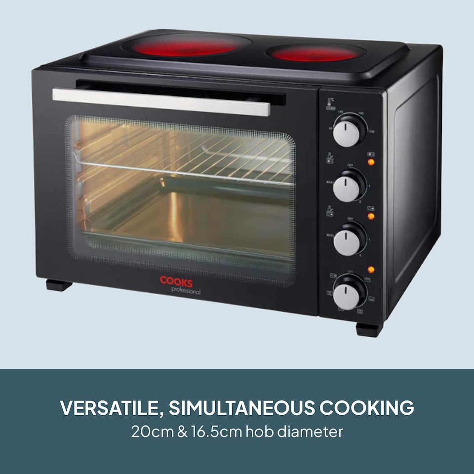image 1 of Cooks Professional 48L Mini Portable Oven with 2 Ceramic Hobs - Electric Portable Countertop Cooker | Black | Black & Silver