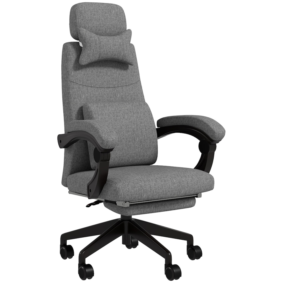 image 1 of Vinsetto Office Chair, Ergonomic Desk Chair, High Back Fabric Work Chair with 160 Reclining Backrest, Retractable Footrest, Neck and Lumbar Pillow for Home and Study, Dark Grey