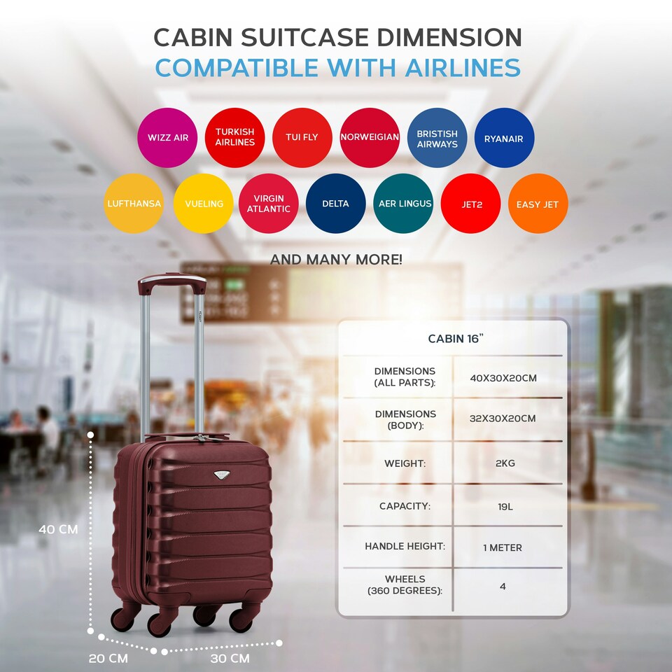 image 1 of 40x30x20cm Wizz Air & Vueling Maximum Size Free Cabin Carry On Lightweight 4 Wheel ABS Hard Case Suitcases Cabin Carry On Hand Luggage Red | Burgundy | Cabin Bag