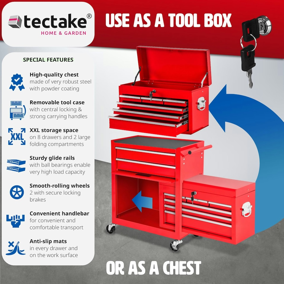 image 1 of Tool Chest - 8 drawers, 4 wheels, multiple layouts, lockable Red