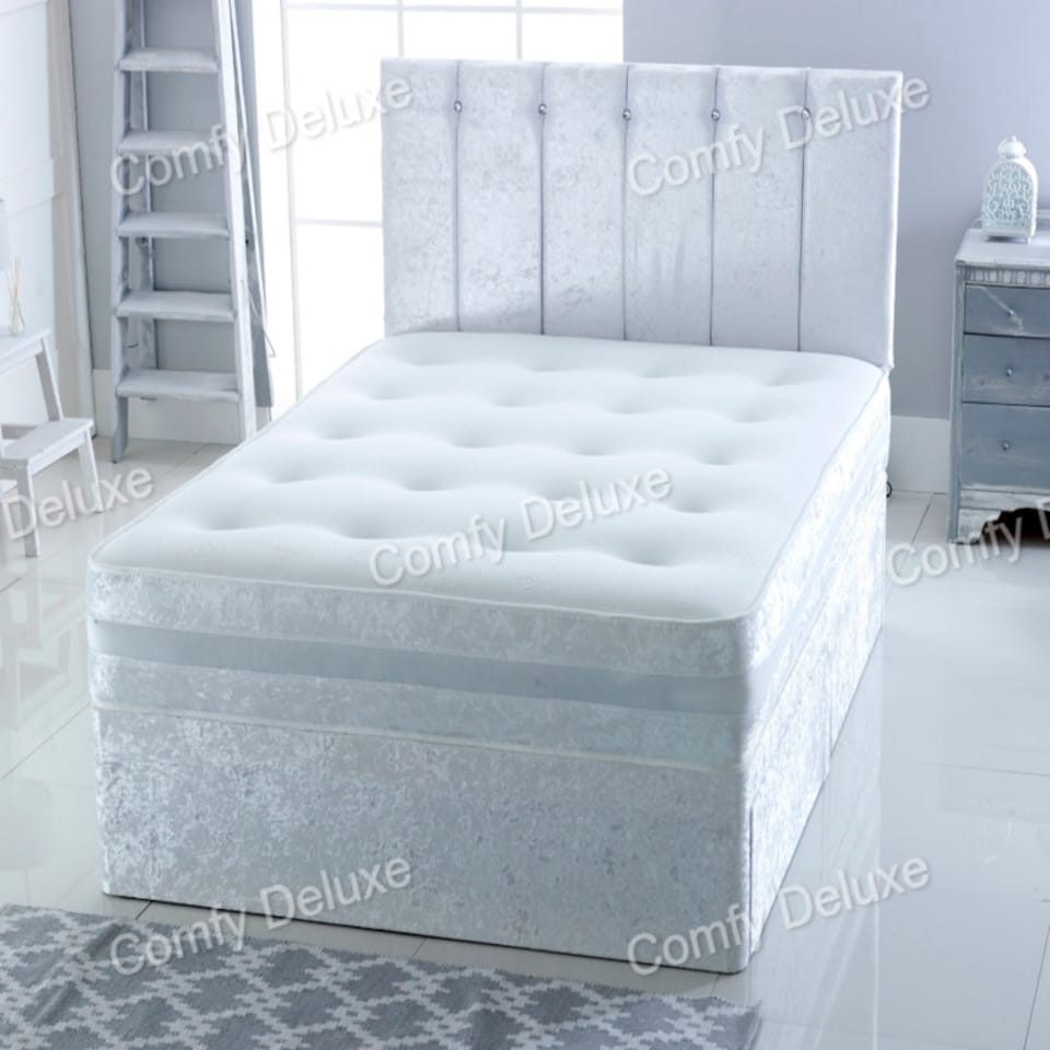 Florence White Crush Velvet 4FT Small Double Divan Bed With Headboard & Matching Mattress No Drawers