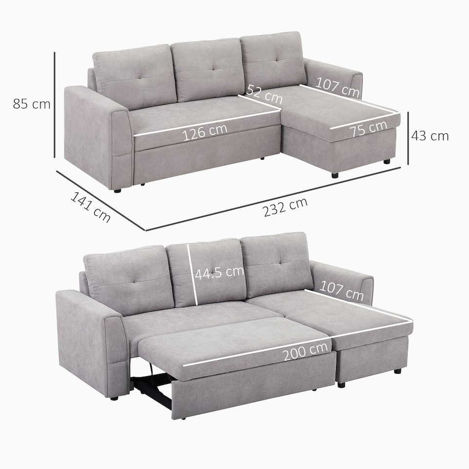 image 1 of HOMCOM 3 Seater Sofa Bed, Convertible Pull Out Sofa with Storage, Grey