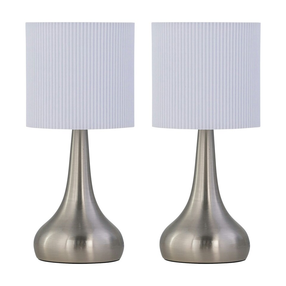 image 1 of Set of 2 Romana - Brushed Chrome Touch Operated Table Lamps Bedside Lights White Pleated Shade Silver | White