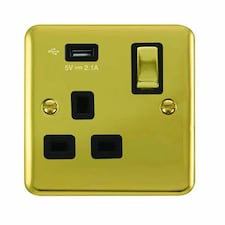 SE HOME Curved Polished Brass 1 Gang 13A DP Ingot 1 USB Switched Plug Socket Black | Polished Brass