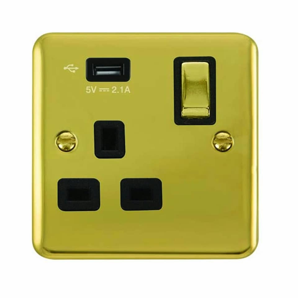 SE HOME Curved Polished Brass 1 Gang 13A DP Ingot 1 USB Switched Plug Socket Black | Polished Brass
