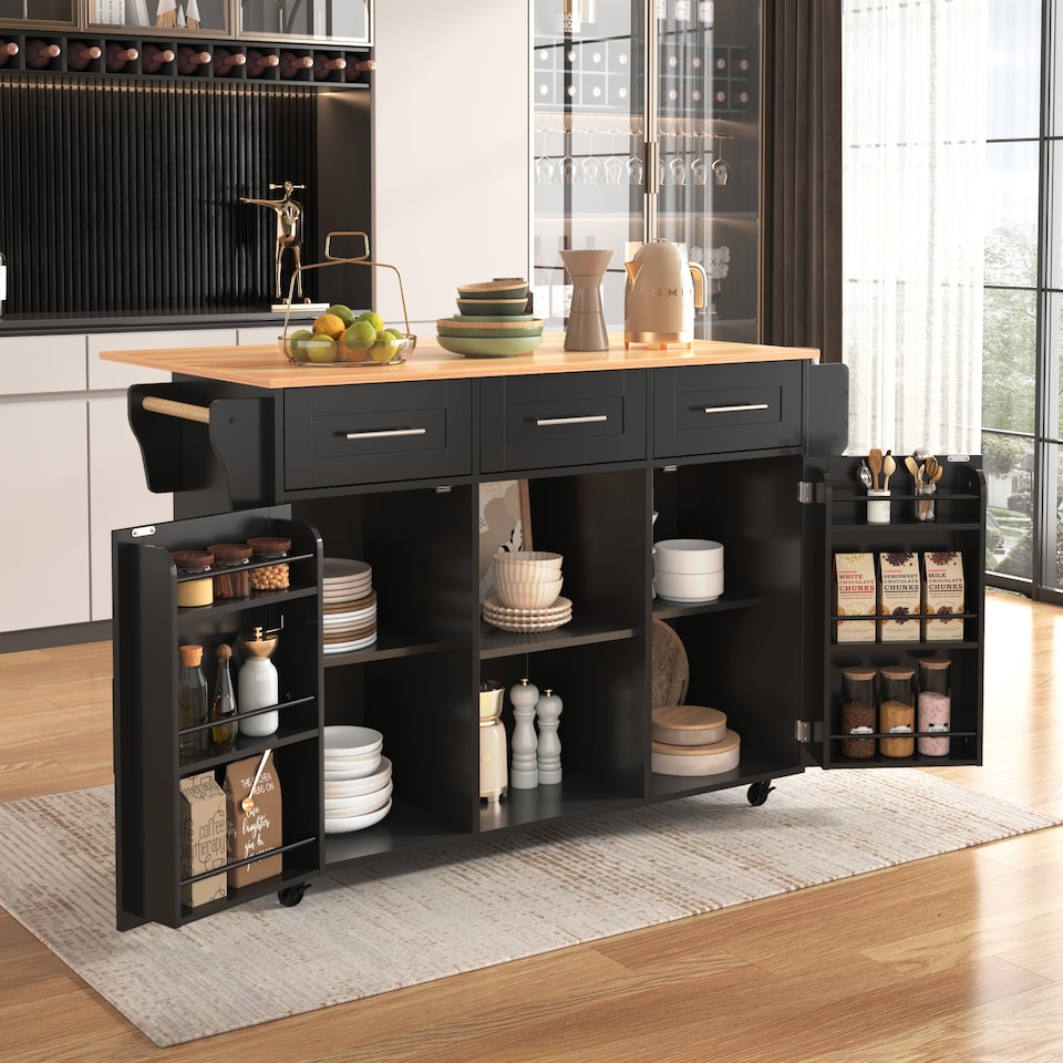 image 1 of VILUXE Mobile Kitchen Island with Foldable Marble-Effect Worktop, 3 Drawers, Adjustable Storage, Towel Holder, Wheels and Solid Wood Feet, Black and Natural Wood