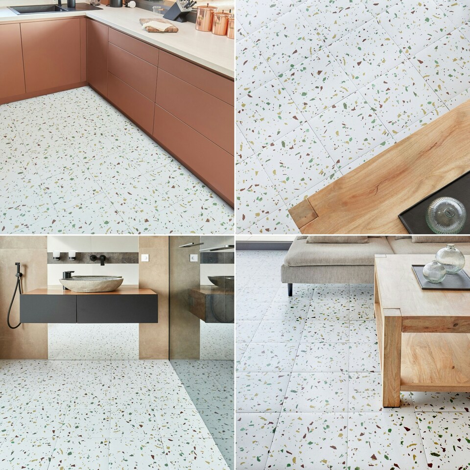 image 1 of NOVECRAFTO Vinyl Floor Tiles Self Adhesive – 12x12in Peel and Stick Flooring for Kitchen, Bathroom & Living Room – White Terrazzo Look with Flecks White | 3.72 sqm