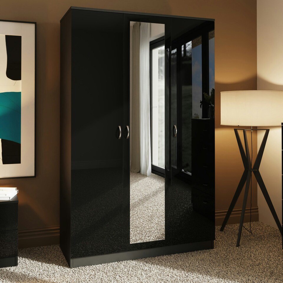 image 1 of FWStyle Chilton 3 Door Wardrobe With Mirror - Black Gloss Front Black